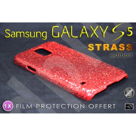 Coque Etui Strass Rouge Pour Samsung Galaxy S5 + FILM OFFERT