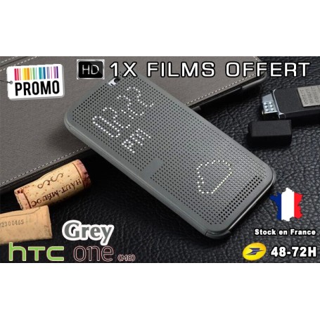 Housse Etui Gris Motif Point Dot View  HTC M8 One 2 - 1x film offert