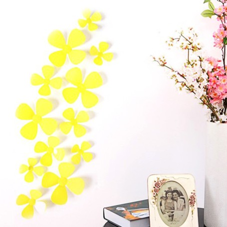 12 Pièces Lot 3D Stickers Fleur Trèfle à 4 Jaune Pvc Design Pétales Décoration Maison